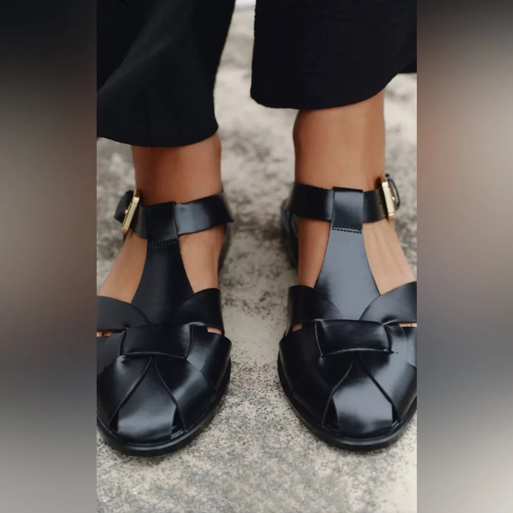 Zara Black Braided Leather Sandals with Gold Buckle - Picture 5 of 7